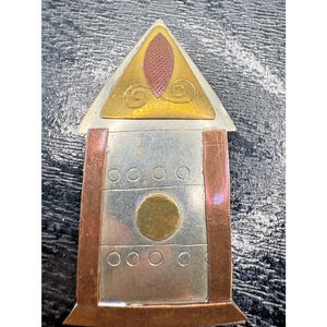 Far Fetched Handmade 925 Sterling Brass & Copper HEART BIRDHOUSE Brooch Pin 8.5g